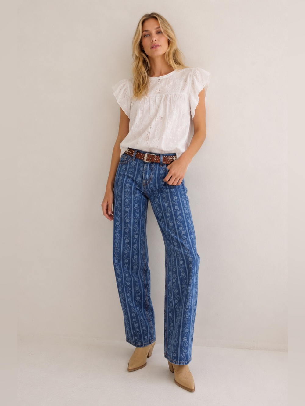 Free People Women’s Tennessee Low Rise Boyfriend Jeans Floral Stripe Wide Leg 27